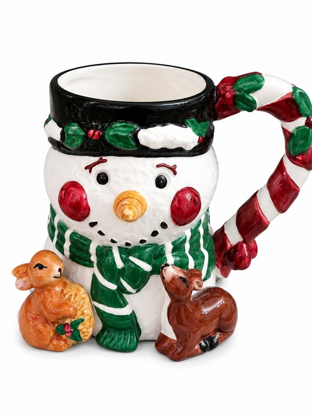 NWOT Holiday Snowman Ceramic Mug with Green Scarf and Candy-Stripe Handle